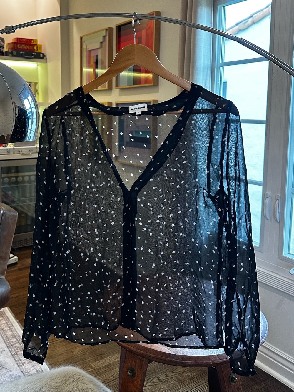 superdown Black Sheer Star-Print Button Front Blouse